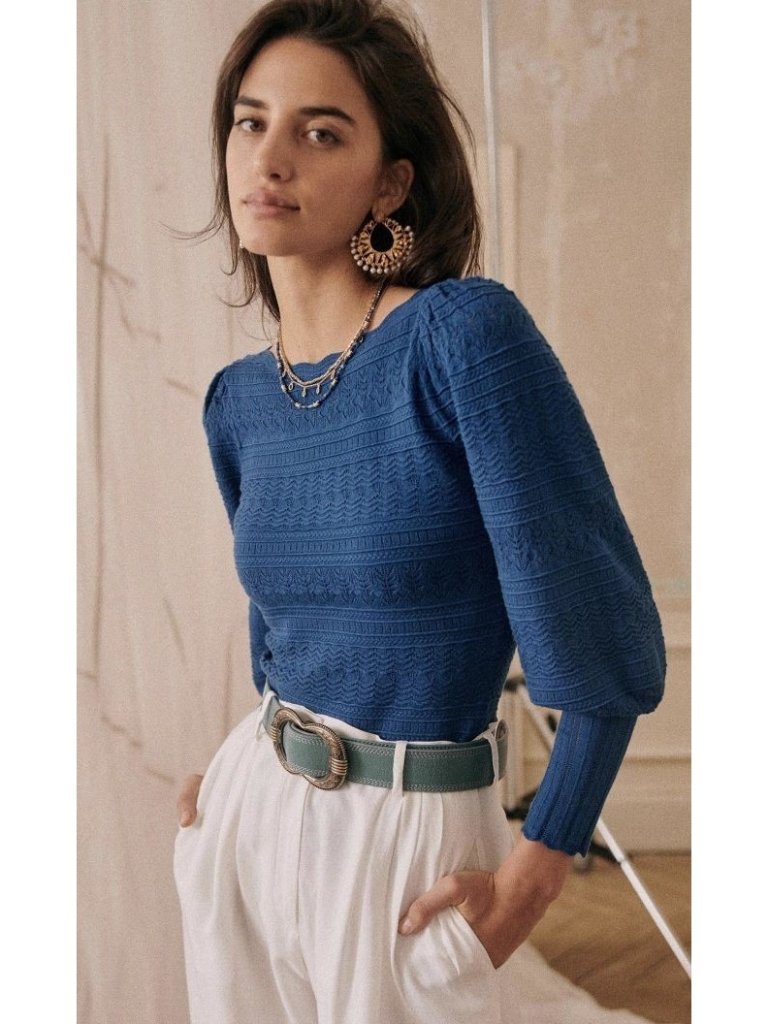 Nwt La Maille Sezane Roma In Horizon Blue Textured Pointelle Knit Sweater Top Xs